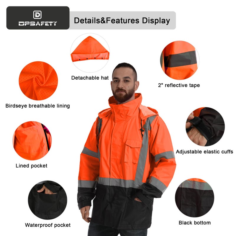 DPSAFETY Reflective Rain jackets for men waterproof,Hi Vis Safety Coat With Reflective Strips,High Visibility Class 3 Rain jackets With 2 large pockets,Zipper,Black Bottom Orange,LG/XL - Image 2